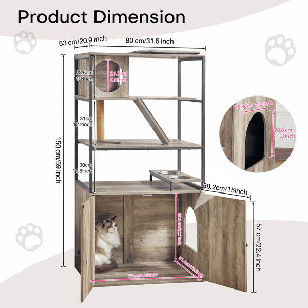 Katzenklo Schrank, Katzentoilette Möbel, Katze Waschraum Schrank mit Kratzbaum, Katzenhaus Hölzerne für Meiste Katze und Katzenklo Selbstreinigend (Grau, 150x53x80 cm)