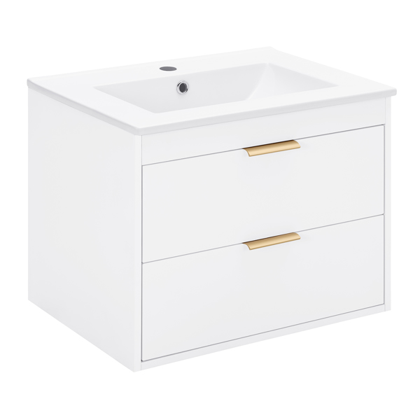 24" floating wall mounted bathroom vanity with white ceramic sink and drawer storage 