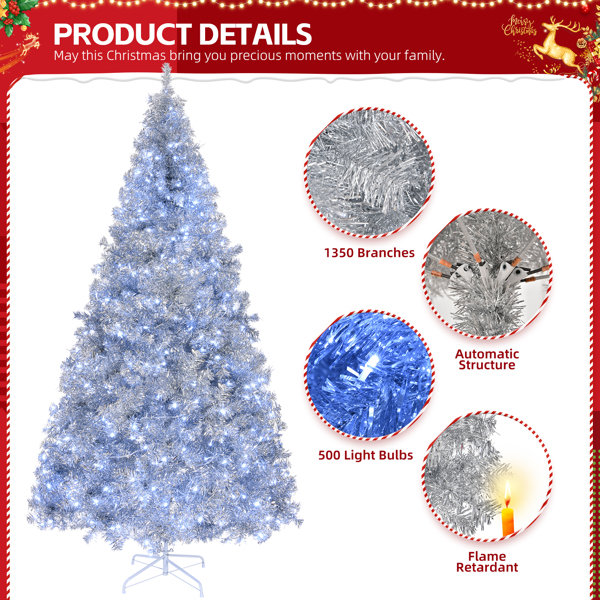 8 FT Pre-lit Artificial Christmas Tree, Hinged Xmas Pine Tree with 1350 Branch Tips, 500 Lights and Remote Control for Holiday Party Office Home, Silver