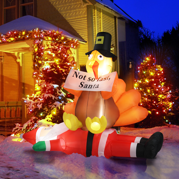 4.9 FT Lighted Christmas Inflatable Decoration, Inflatable Turkey Sitting on Santa Claus, Funny Blow Up Yard Decorations with Built-in LED Lights for Holiday Party Front Yard Lawn Garden Decor