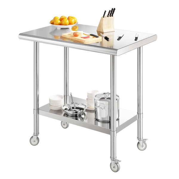 Generisch Küche Edelstahl Tisch, Edelstahl Regal mit 3 Regalen & Edelstahltisch mit Rollen, Servierwagen Edelstahl Unterstützung 150KG, Edelstahl Tisch für Restaurant Haus Hotel (91 * 61 * 89 cm)