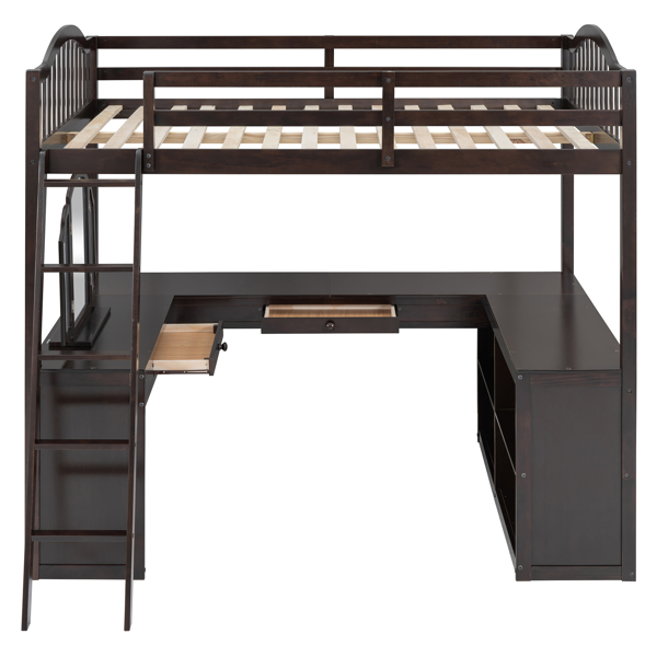 Full Wooden Loft Bed with U-shaped Desk,Storage Compartments and Tri-fold Mirror, Espresso 