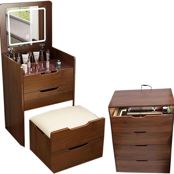 (Walnut) 3 in 1 Vanity Desk with Plip Top Mirror,Small Make Up Vanity Set with Visible Glass Desktop,Compact Makeup Vanity with 3 Drawers,Cushioned Tool,Dressing Table for Bedroom