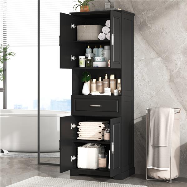 Tall Bathroom Cabinet with Four Doors, Large Storage Space Open Shelve, Upper Storage Cabinet, Black