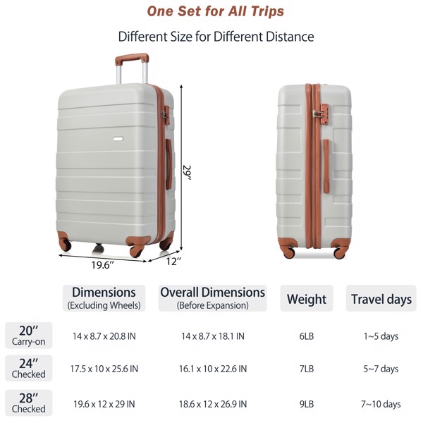 Luggage Sets New Model Expandable ABS Hardshell 3pcs Clearance Luggage Hardside Lightweight Durable Suitcase sets Spinner Wheels Suitcase with TSA Lock 20''24''28''( Light Grey and Brown)