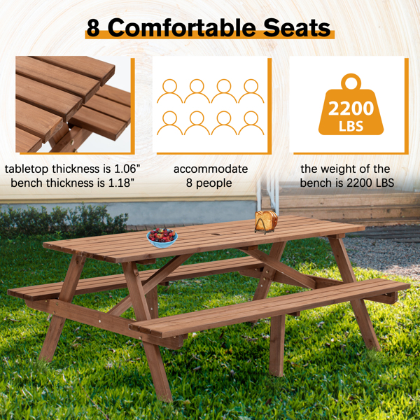 8-Person Rectangle Wooden Picnic Table, Outdoor Camping Dining Table with 2 Seats, Garden, DIY w/2 Built-in Benches, 2220lb Capacity, Brown 