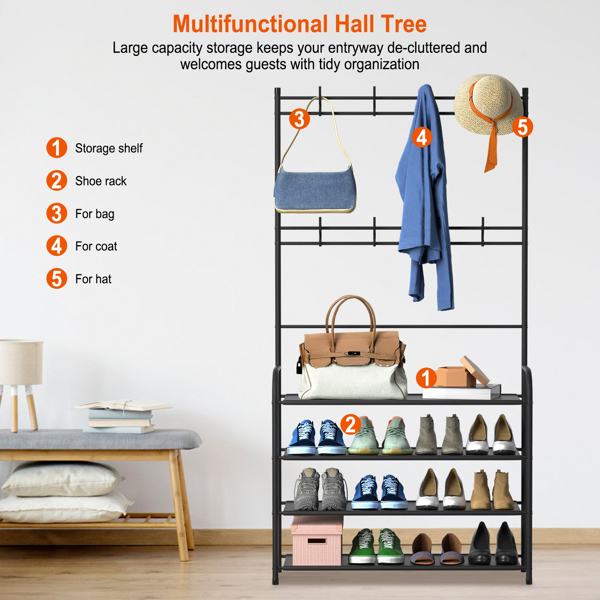 Entryway Coat Hat Rack Shoe Storage Shelf 4 Tier Shoe Rack Freestanding Hall Tree Garment Hanger Stand Clothes Shoe Organizer Combo