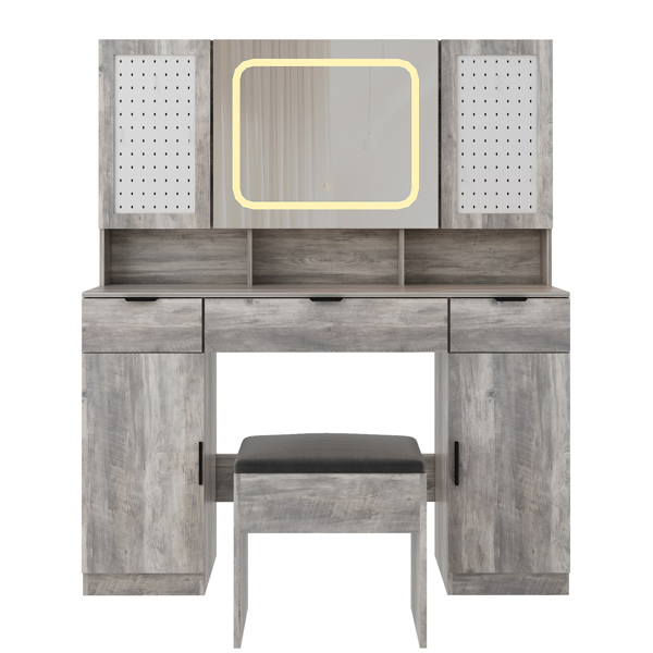 Large Vanity Table Set with LED Lighted Mirror and 2 DIY Pegboards, 5 Hooks, Vanity Desk with Charging Station, Makeup Table with Drawers, Storage Shelves and Cabinets, Cushioned Stool for Bedroom