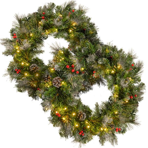 2-packed 24'' Glitter Bristle Mixed Wreath with with 9 Red Berry and 9 Pine Cones and 50 Warm White LED Lights with Timer-Battery Operated-Outdoor, 150 tips