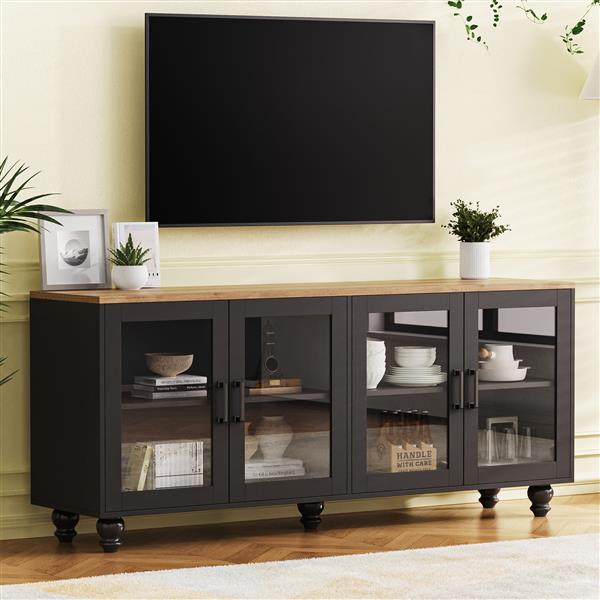 Farmhouse TV Stand with Tempered Glass Doors for TVs Up to 70", Versatile Sideboard with Adjustable Shelves, Elegant Buffet Cabinet with 5 Solid Wood Gourd-Shaped Legs for Living Room, Black