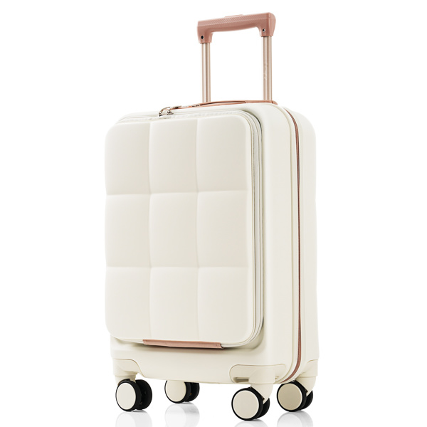 Luggage Sets 3 Piece, 20-inch with USB Port and front opening design,  ABS Hard Shell Luggage with Spinner Wheels, Cup Holder, white