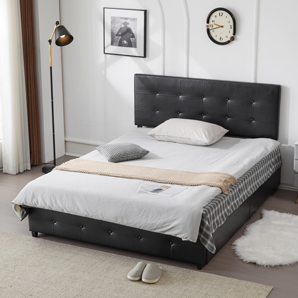 Upholstered Queen Platform Storage Bed Frame with 4 Drawers, Adjustable Headboard with Faux Leather Button Tufted Design, Wooden Slat Support, No Box Spring Needed, Black