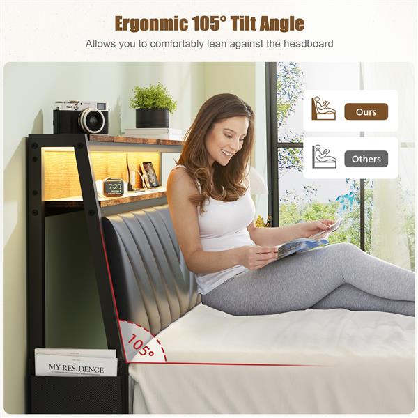 Full size Platform Bed Frame with 105-Degree Tilted Upholstered Headboard, Charging Station, LED Lights, Noiseless, Black and Brown