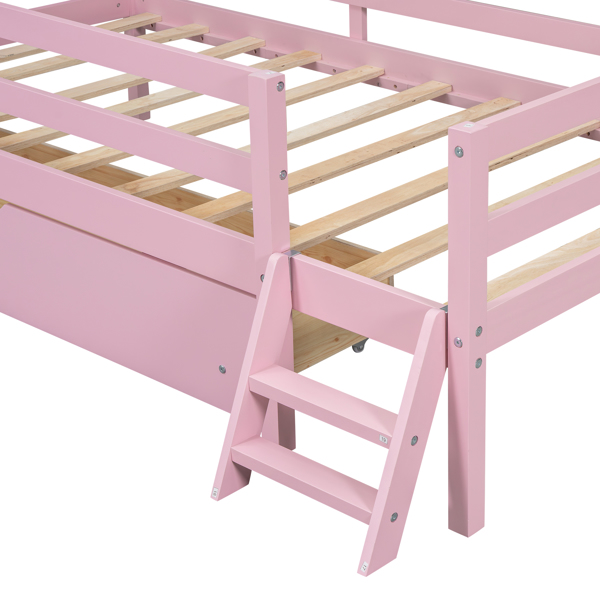 Wood Twin Size House Platform Bed with Guardrail and Drawer, Pink