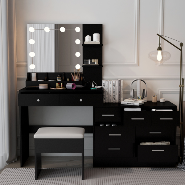 Large Makeup Vanity with Lights, Vanity Table with Charging Station, Vanity Desk with Mirror and 10 LED Light Bulbs, Makeup Table with Tabletop Compartments, Drawers and Storage Shelves, Black