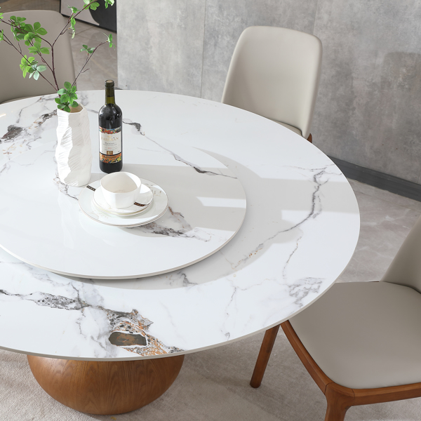 7pcs Modern Marble Dining Table, 59" Round Sintered Stone Table for Dining Room, Kitchen, Dinette, Compact Space With Lazy Susan(1table+6 chairs) -LTL item