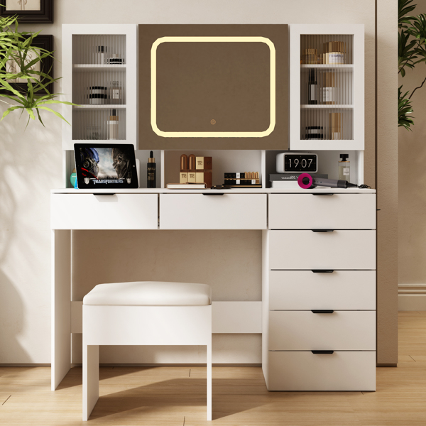 Large Vanity Table Set with LED Lighted Mirror, Vanity Desk with Charging Station, Makeup Table with Glass Doors, Drawers and Storage Shelves, Cushioned Stool for Bedroom, White