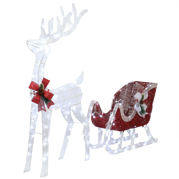 4ft Lighted Christmas Reindeer & Sleigh Outdoor Yard Decoration Set with LED Lights, Red & White