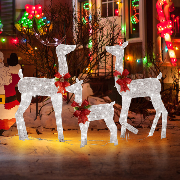 3-Piece Lighted Christmas Reindeer Family Set Outdoor Decorations, Weather Proof 2D Deer Family Set of 3 Christmas Ornament Home Decor Pre-lit 200 LED White Lights with Stakes, White