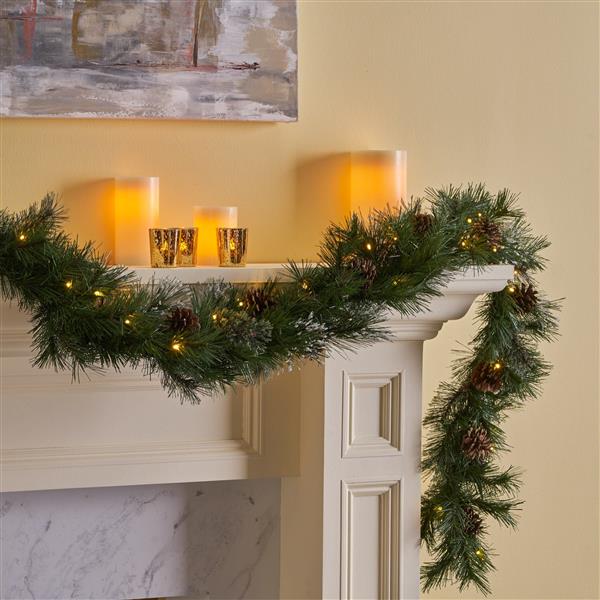 2-packed 9'X10'' Cashmere and Snow Bristle Garland with 20 Pine Cones and with 50 Warm White LED Lights with Timer-Battery Operated-Outdoor,160 Tips