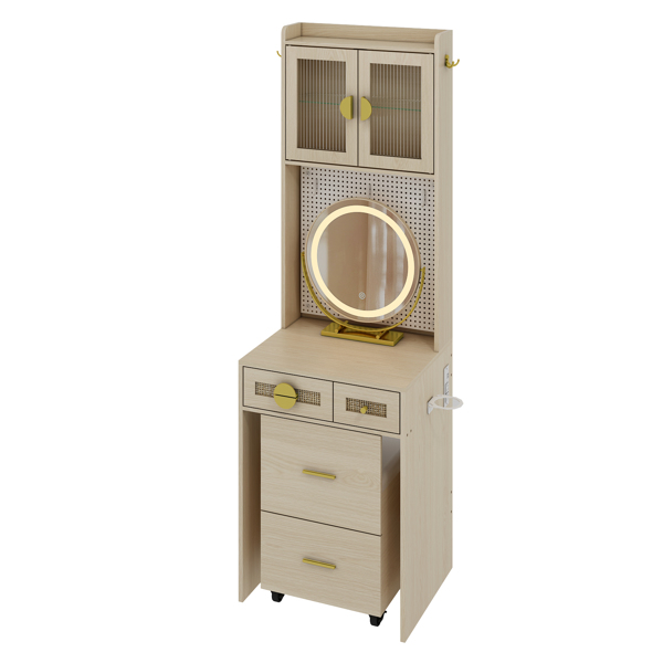 Small Vanity Desk with Mirror and LED Lights, Makeup Table with Charging Station and drawers and Storage Shelves for Small Space, Compact Mini Corner Vanity Set with Hidden Storage Stool for Bedroom