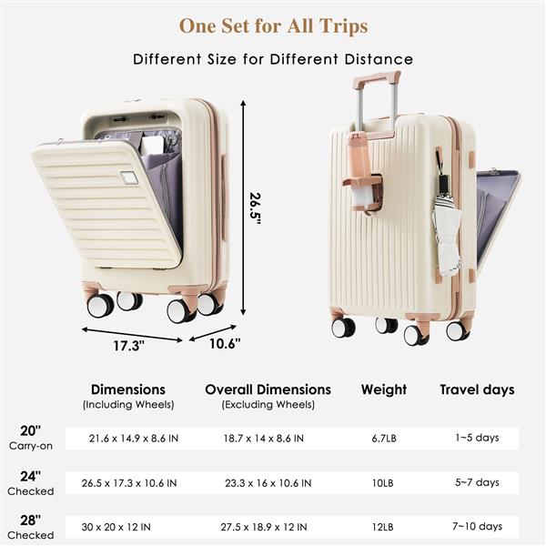 Luggage Set of 4 with USB Port, 20, 24inch with front opening design Airline Certified Carry on Luggage with Cup Holder, ABS Hard Shell Luggage with Expandable Travel Bag, ivory and gloden