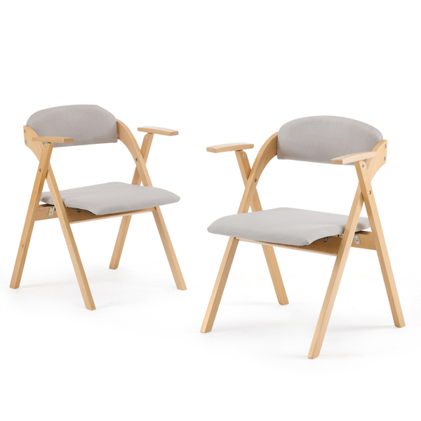 Set of 2 Wooden Folding Chairs with Padded Seats and Armrests, Portable Simple Folding Chairs with Cushion for Guests Kitchen Office Wedding Party Picnic, Natural Frame with Light Gray Cushion