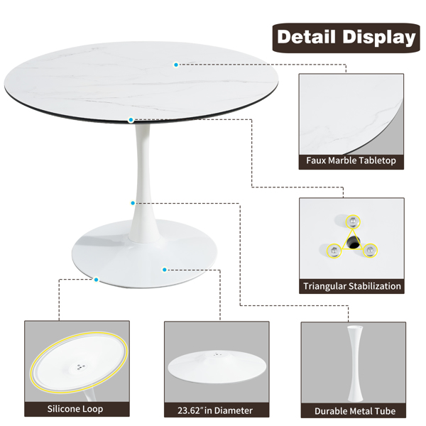 TULIP DINING TABLE ,Dia. 106cm ROUND, WHT, MARBLE WHT, 1pc per ctn 