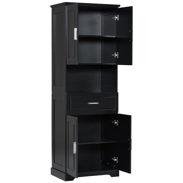 Tall Bathroom Cabinet with Four Doors, Large Storage Space Open Shelve, Upper Storage Cabinet, Black