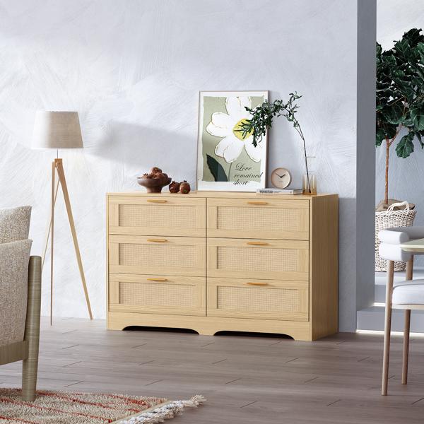 Generisch Rattan Kommode, Komode mit Schubladen, 6 Schubladen Dresser, 120x40x77 cm Tv Schrank, Flur Kommode & Chest of Drawers für Schlafzimmer Wohnzimmer, 120x40x77 cm (Natürliche)