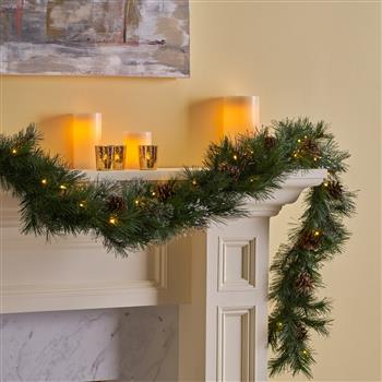 2-packed 9\\'X10\\'\\' Cashmere and Snow Bristle Garland with 20 Pine Cones and with 50 Warm White LED Lights with Timer-Battery Operated-Outdoor,160 Tips