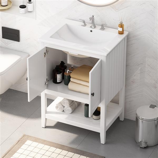 24" White Modern Sleek Bathroom Vanity Elegant Ceramic Sink with Solid Wood Frame Open Style Shelf