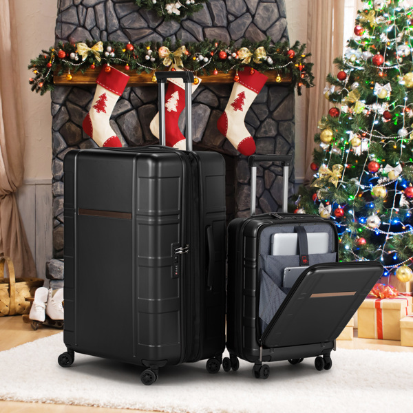 Luggage Expandable Suitcase 2 Piece Set Carry On ABS+PC Spinner Trolley with pocket Compartment Weekend Bag ， Black Color