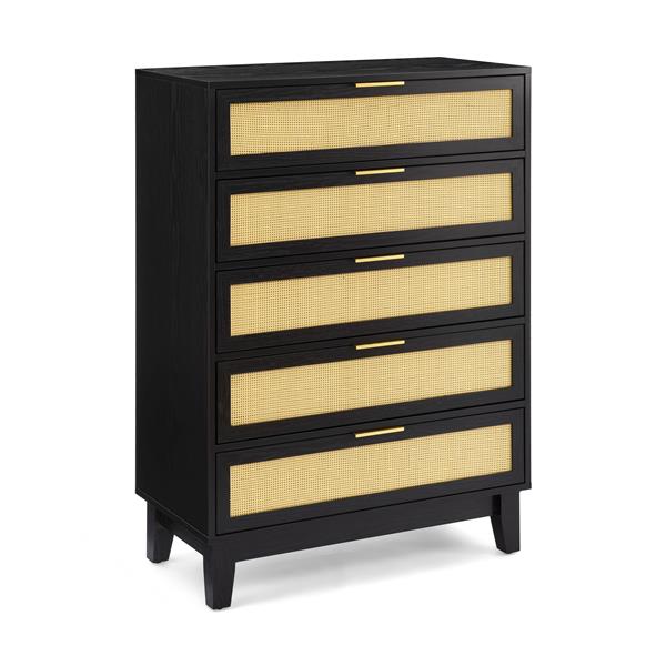 Bedroom 5 drawer dresser, rattan dresser modern wooden chest of drawers with spacious storage space for bedroom hallway living room