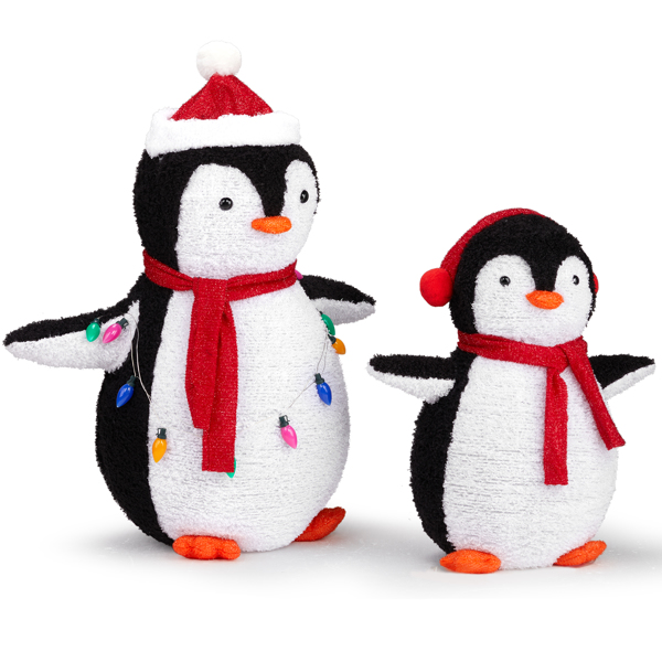 2-Piece Lighted Plush Penguins Christmas Yard Decorations, Set of 2 Pre-lit Pull Up Penguins with 150 Warm White LEDs, Multi-color Light String and Stakes for Xmas Outdoor Holiday Indoor Decor