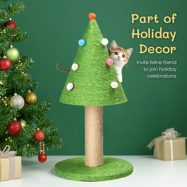 25in Christmas Tree Scratching Post, Cute Cat Scratcher with Natural Sisal Covered Frame & Colorful Little Balls for Indoor Cats