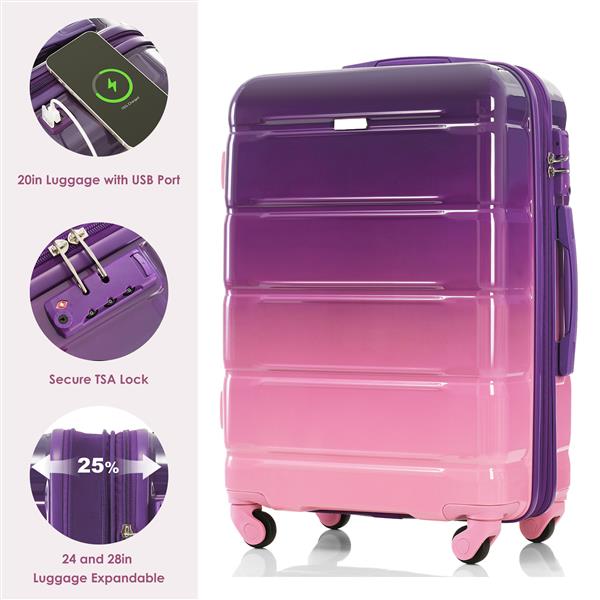 Luggage Set of 3, 20-inch with USB Port, Airline Certified Carry-on Luggage with Cup Holder, ABS+PC Hard Shell Luggage with Spinner Wheels, purple and pink