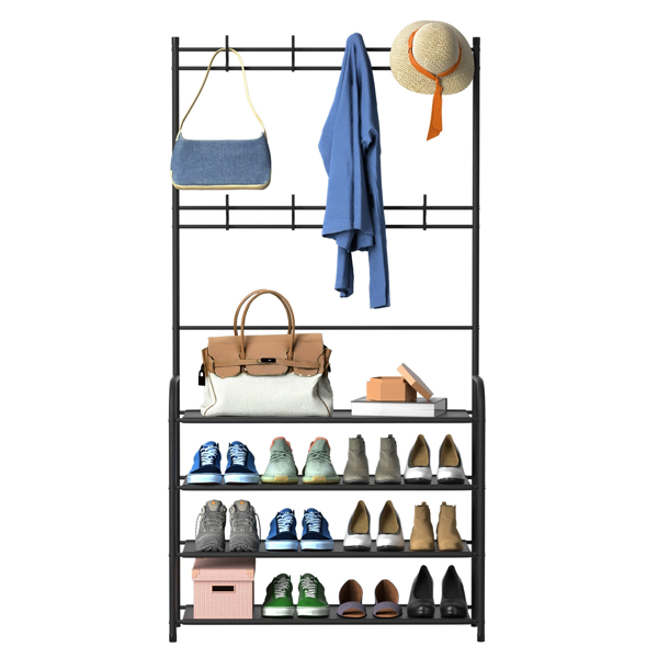 Entryway Coat Hat Rack Shoe Storage Shelf 4 Tier Shoe Rack Freestanding Hall Tree Garment Hanger Stand Clothes Shoe Organizer Combo