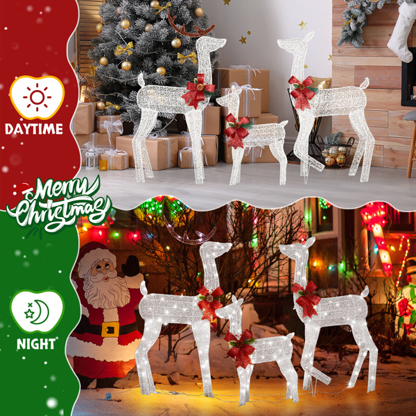 3-Piece Lighted Christmas Reindeer Family Set Outdoor Decorations, Weather Proof 2D Deer Family Set of 3 Christmas Ornament Home Decor Pre-lit 200 LED White Lights with Stakes, White