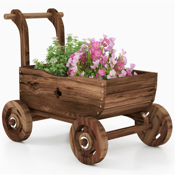 27" Decorative Wooden Wagon Cart with Handle Wheels 