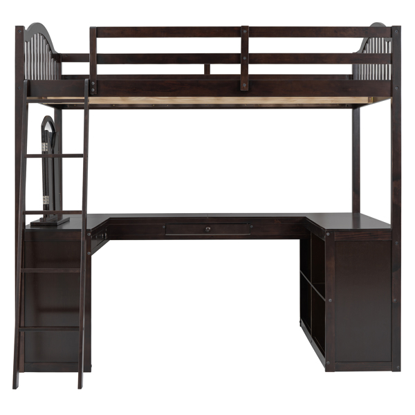 Full Wooden Loft Bed with U-shaped Desk,Storage Compartments and Tri-fold Mirror, Espresso 