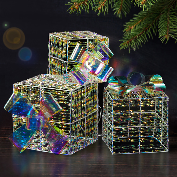 Lighted Iridescent Gift Boxes Set of 3, Pre-lit Nestable Present Boxes Ornament with 140 LED Warm White Lights and Stakes for Christmas Outdoor Indoor Decor Lighted Holiday Displays