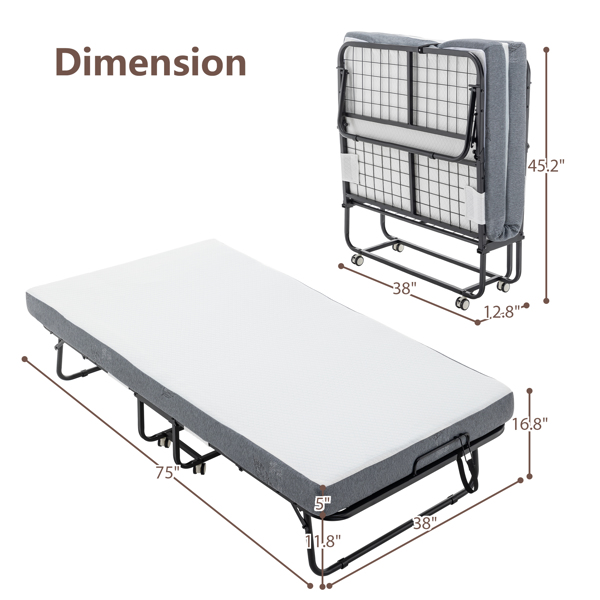 Folding Bed with Mattress and Storage Cover for Adults,Cot Size Guest Bed on Wheels,Protable Folding Bed with Memory Foam Mattress and Metal Frame, 75 x 38