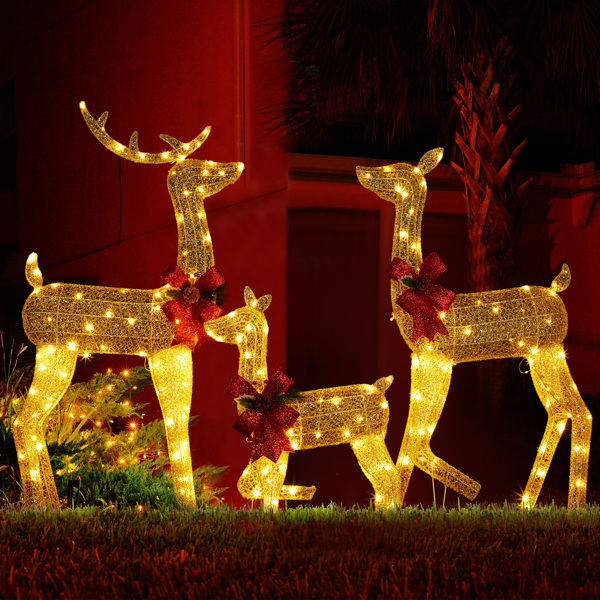 3-Piece Lighted Christmas Reindeer Family Set Outdoor Decorations, Weather Proof 2D Deer Family Set of 3 Christmas Ornament Home Decor Pre-lit 200 LED Warm White Lights with Stakes, Golden