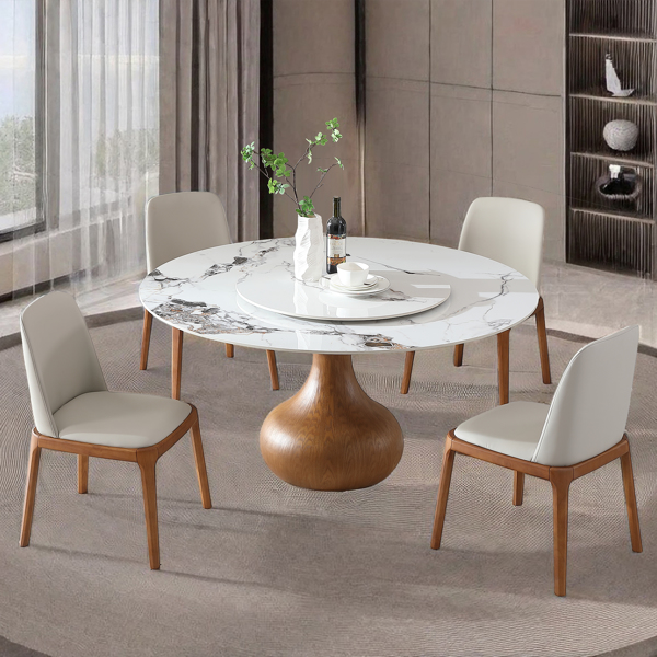 5pcs Modern Marble Dining Table, 59" Round Sintered Stone Table for Dining Room, Kitchen, Dinette, Compact Space With Lazy Susan(1table+4 chairs) -LTL item