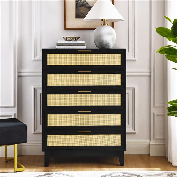 Bedroom 5 drawer dresser, rattan dresser modern wooden chest of drawers with spacious storage space for bedroom hallway living room