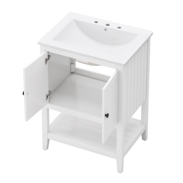 24" White Modern Sleek Bathroom Vanity Elegant Ceramic Sink with Solid Wood Frame Open Style Shelf