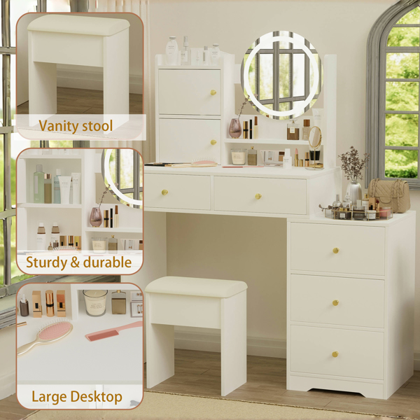 Fashion Vanity Desk with Mirror and Lights for Makeup and Cushioned Chair, Vanity Mirror with Lights and Table Set with 3 Color Lighting Brightness Adjustable,Dressing table, White Color 