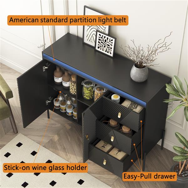 Buffets & Sideboards, Fluted Sideboard Cabinet, 2 Door 3 Drawer Design, with Led Lights,Black Sideboard - Elegant Cabinet Ideal for Dining Room and Kitchen Storage,Black