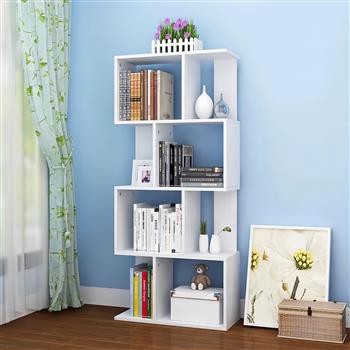 4 Tier Storage Shelf S Shaped Bookcase, Multifunctional Wooden Display Decor Furniture, Free Standing Industrial Storage Rack for Living Room Bedroom Office, Modern 4 Shelf Bookcase (1 White)